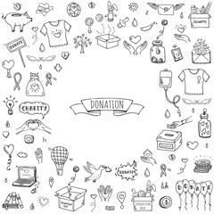 Hand drawn doodle Donation icons set. Vector illustration. Charity symbols collection Cartoon donate sketch elements: blood donation, box, heart, money jar, care, help, gift, giving hand, fund raising