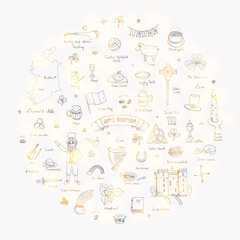 Hand drawn doodle Happy St. Patrick's Day set. Ireland icons. Vector illustration Sketchy Irish traditional food icons elements Flag Map Celtic Cross Knot Castle Leprechaun Shamrock Harp Pot of gold