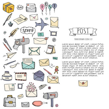 Hand drawn doodle Postal elements icon set. Vector illustration. Isolated post symbols collection. Cartoon various mail element: letter, envelope, stamp, post box, package, delivery truck, pigeon.