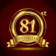 81st golden anniversary logo with gold ring and golden ribbon, vector design for invitation card and greeting card for birthday party celebration