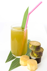 Fresh sugar cane juice in glass on white background