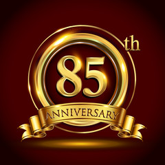 85th golden anniversary logo with gold ring and golden ribbon, vector design for invitation card and greeting card for birthday party celebration