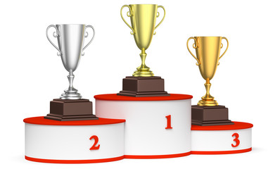 Winners podium with trophy cups