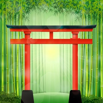 Bamboo forest with red Japanese gate