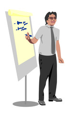 Business trainer staying near white board with pen in hand isolated on white vector illustration