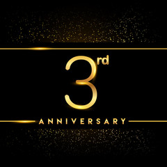 Fototapeta na wymiar Celebrating of 3 years anniversary, logotype golden colored isolated on black background and confetti, vector design for greeting card and invitation card