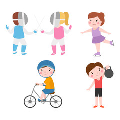 Young kids sportsmens future roller skates gymnastics isolated on white and children young winners after sport school team players vector illustration.