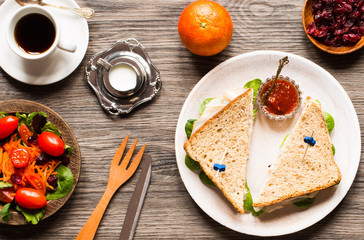 Top view of Healthy Sandwich toast with lettuce,  on a wooden background