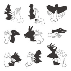 Hands gesture like different animals imagination theatrical symbol and people finger figures puppet copy leisure shadow silhouette vector illustration. - 138038341
