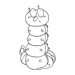 The outline of the caterpillar in cartoon style. A sketch of the insect. Vector isolated image of the worm. The emotion of surprise.
