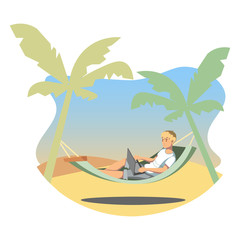 Obraz na płótnie Canvas Freelance lifestyle. Man working on tropical island.