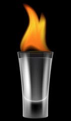 Burning glass shot of alcohol on black background. Vector illustration.