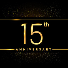 Celebrating of 15 years anniversary, logotype golden colored isolated on black background and confetti, vector design for greeting card and invitation card