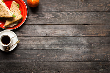 Top view of Healthy Sandwich toast with lettuce,  on a wooden background