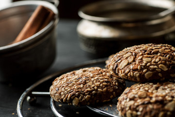 Oatmeal cookies on a metal stand closeup shot