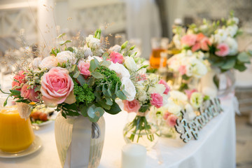 Wedding flowers bridal bouquet. Romantic blooming decor, decoration banquet.