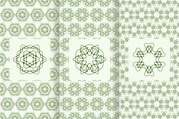 Set of seamless patterns in green color with logo element. Collection of vector backgrounds. Abstract geometric design.