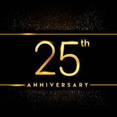 Celebrating of 25 years anniversary, logotype golden colored isolated on black background and confetti, vector design for greeting card and invitation card