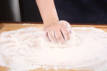 Woman hands kneading dough.