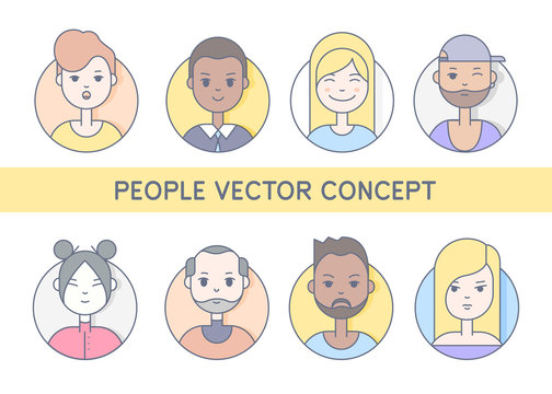 Linear Flat people faces vector icon set, illustrations set.