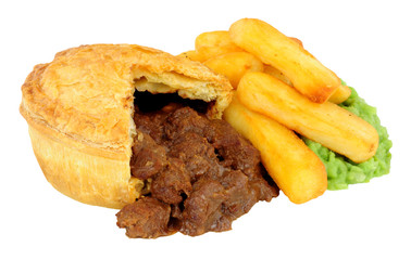 Steak Pie And Chips Meal With Mushy Peas Isolated On A White Background