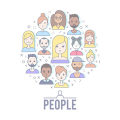 Linear Flat people faces vector illustration.
