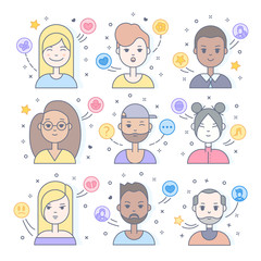 Linear Flat people faces vector icon set, illustrations set.