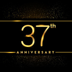 Celebrating of 37 years anniversary, logotype golden colored isolated on black background and confetti, vector design for greeting card and invitation card