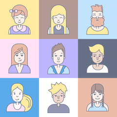 Fototapeta premium Linear Flat people faces vector icon set, illustrations set.