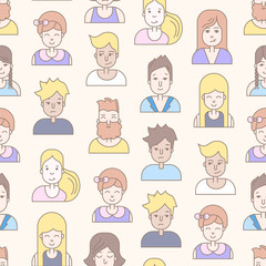 Linear Flat people faces vector seamless pattern.