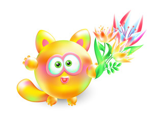 Fototapeta premium Vector 3d illustration little kitten. Realistic multi-colored cheerful cat with beautiful bouquet of flowers on a white background.