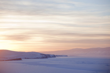 Fototapeta na wymiar Lake Baikal, winter. Sunset landscape