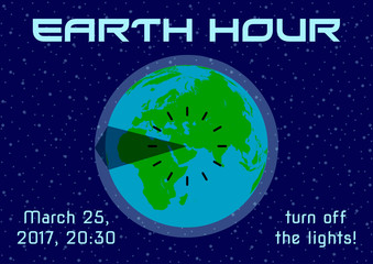 Earth Hour - global annual international event. Planet Earth with time clock on background of night starry blue sky in flat style. Vector illustration