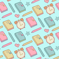 Cute vector seamless pattern with notebook, alarm clock etc. School elements, childish background.