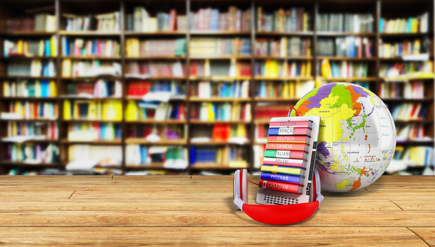 e-book with globe audio learning languages librury background 3d render Success knowlage concept