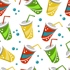 Colored paper cups with straw and the bubbles of soda on white background. pattern