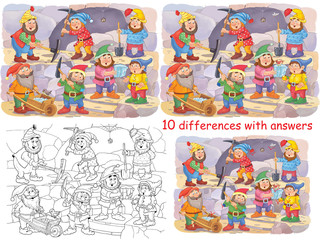 Snow White and the seven dwarfs. Fairy tale. Educational book.  10 differences and a coloring page.