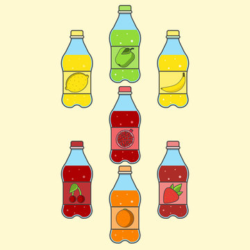 soda,aerated water with fruit taste, drink in a bottle,lemon, pomegranate, orange, apple, strawberry, banana, cherry, berry,vector image, flat design, outline style