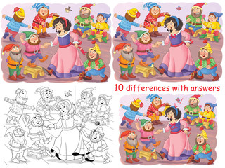 Obraz na płótnie Canvas Snow White and the seven dwarfs. Fairy tale. Educational book. 10 differences and a coloring page.