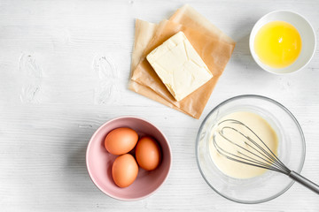 cooking pancake on white background top view ingredients for making