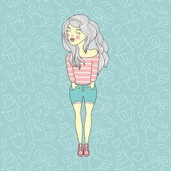 Vector illustration of a beautiful fashion young girl in striped shirt,jeans shorts. Stylish lady on pattern background.