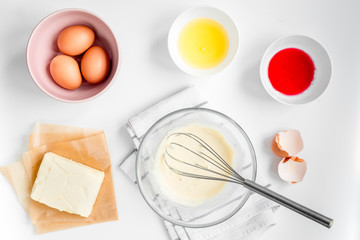 cooking pancake on white background top view ingredients for making