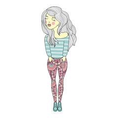 Vector illustration of a beautiful fashion girl in printed pants. Contemporary woman on white background.