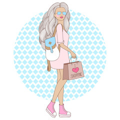 Fashion beautiful girl with backpack. Vector illustration of a fashion woman with shopping bag.
