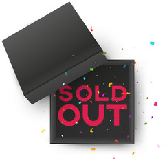 Open empty squares cardboard box with inscription sold out and confetti on simple background. Mockup template for products, package, branding, advertising. Top view. Vector illustration.