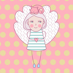 Cute girl with wings and with cat on her head. Vector illustration love card with angel and cat.