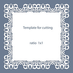 Greeting card with openwork border, paper doily under the cake, template for cutting, wedding invitation, decorative plate is laser cut, vector illustrations.