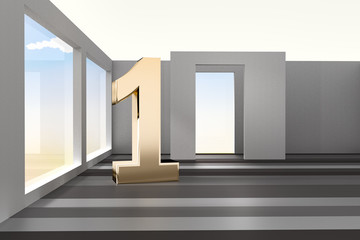 Empty room with number ONE, 3D illustration