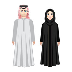 Arabic people, Saydi couple. Man and woman in traditional costume. Vector illustration.