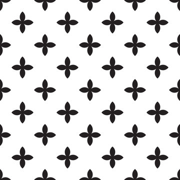 Abstract vector seamless pattern mosaic of black four leaf blooms in diagonal arrangement on white background. Simple flat natural design wallpaper.